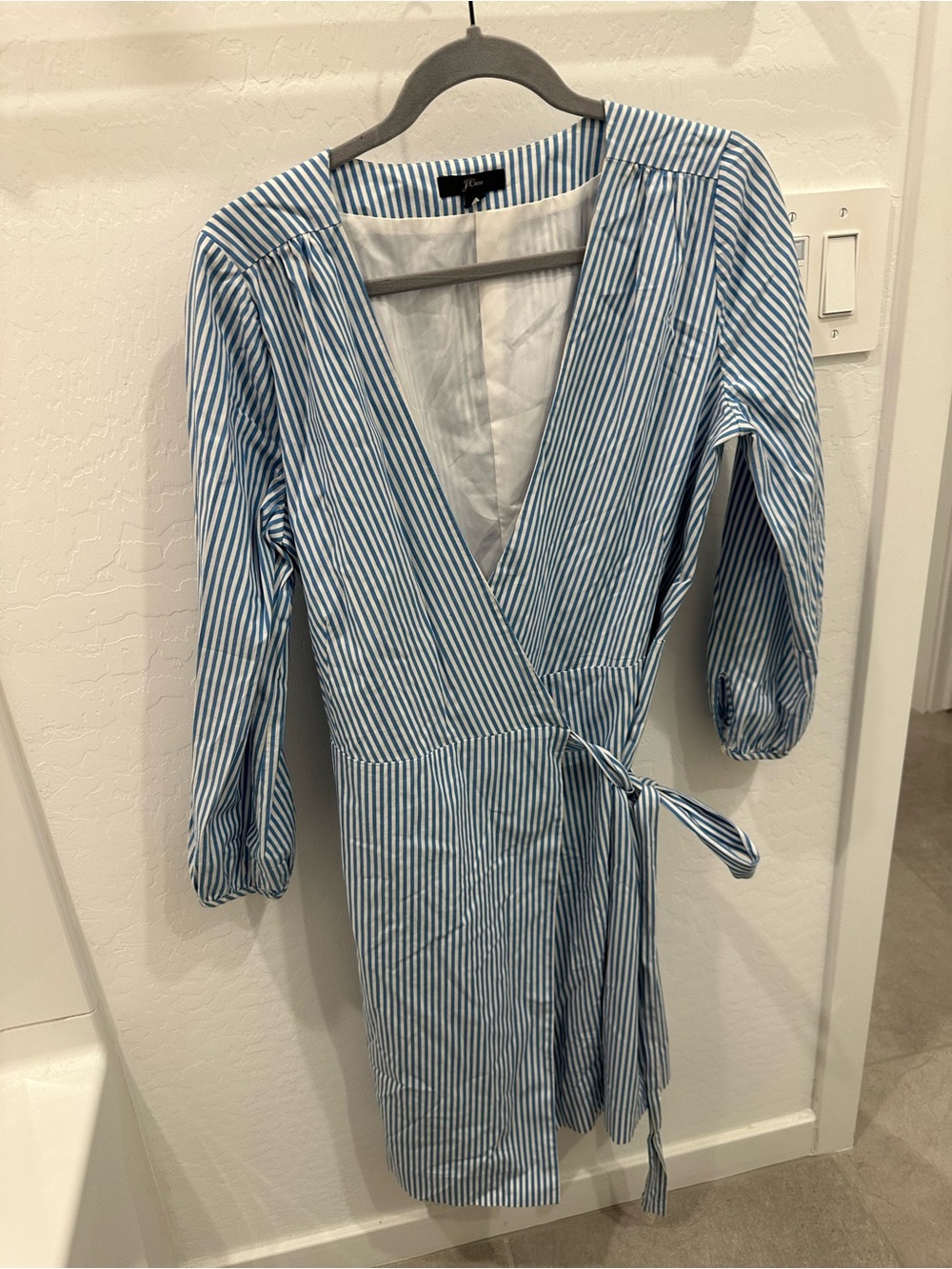 J. Crew Blue and White Striped Wrap Dress with Tie Waist